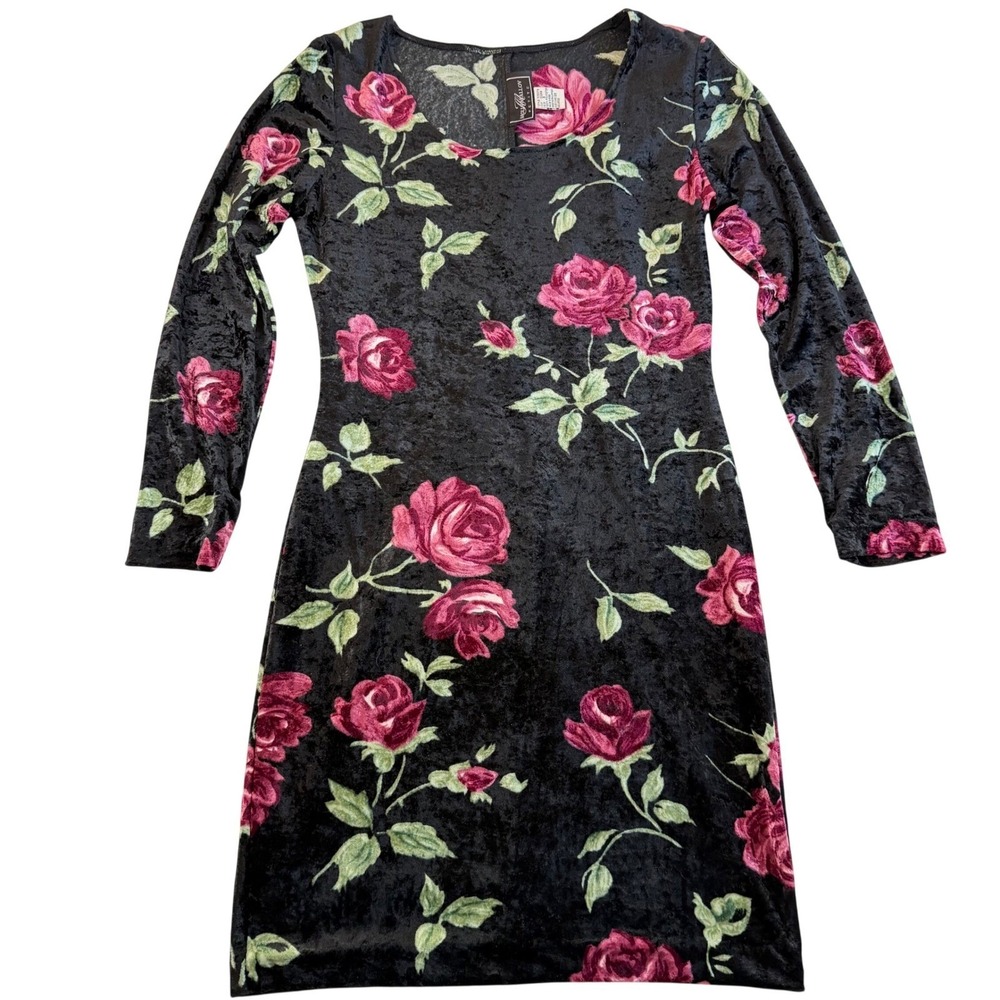 Dark Floral Crushed Velvet‎ Dress Long Sleeve Size 4P Whimsigoth Dark Romantic